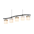 Suspension moderne à cinq luminaires avec abat-jour en verre blanc et finition dorée
