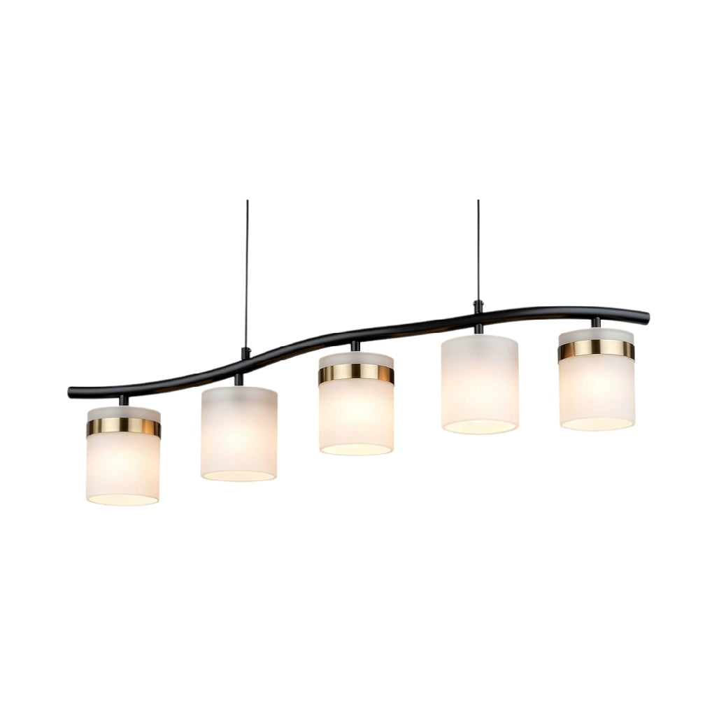 **Suspension moderne à cinq luminaires avec abat-jour en verre blanc et finition dorée**