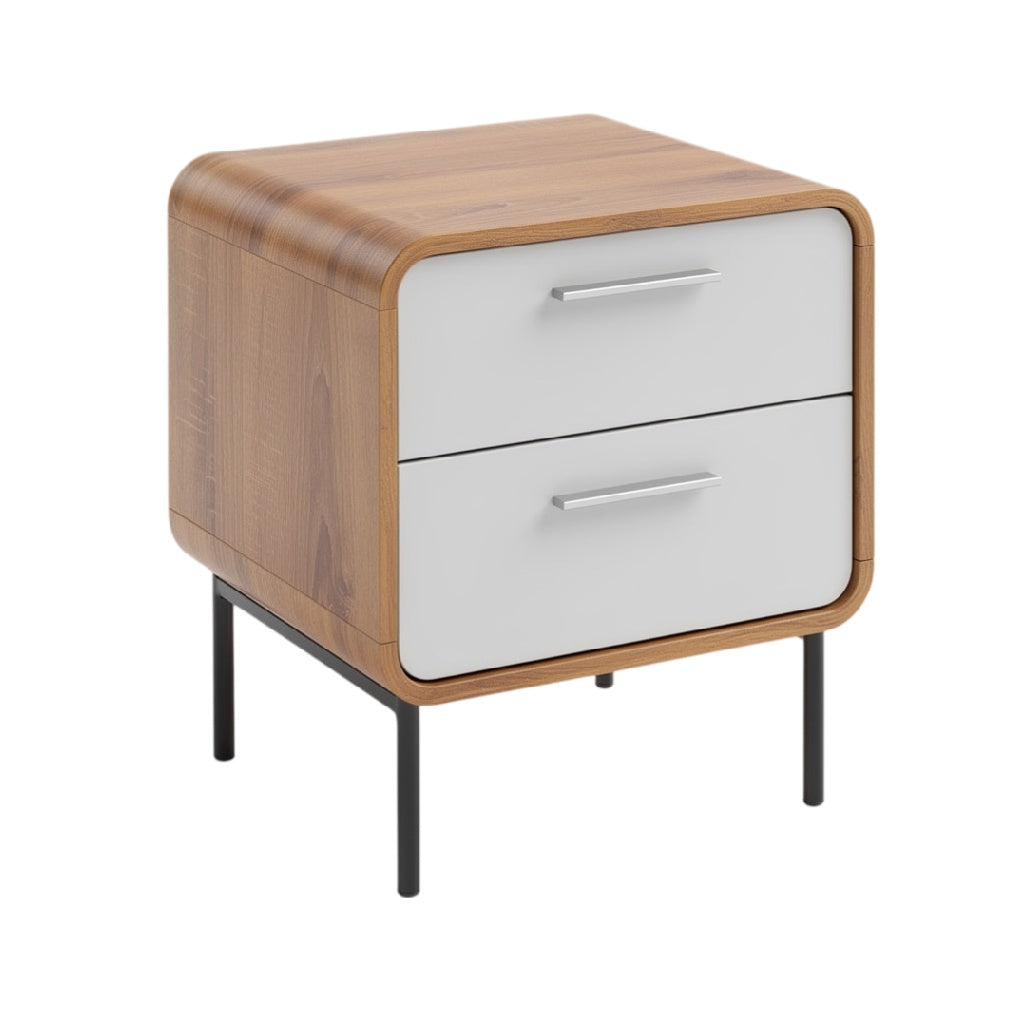 **Table de chevet moderne en bois avec tiroirs blancs et pieds en métal**